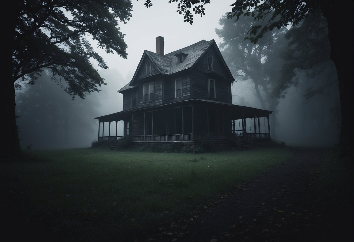 A dark, looming haunted house with creaking doors and broken windows. Eerie mist surrounds the building, and ghostly figures can be seen lurking in the shadows