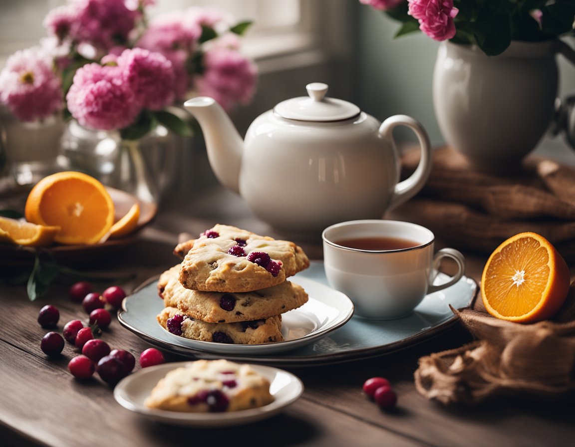 A rustic kitchen table with a plate of cranberry orange scones, a steaming cup of tea, and a vase of fresh flowers