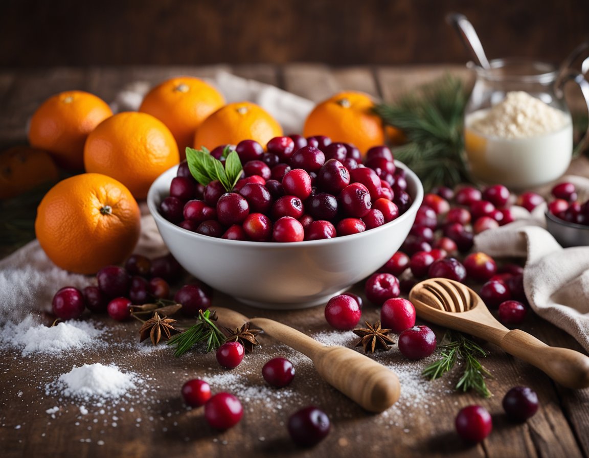 A bowl of fresh cranberries and oranges sit on a rustic wooden table next to a pile of flour and a rolling pin. A mixing bowl and whisk are ready for the ingredients to be combined