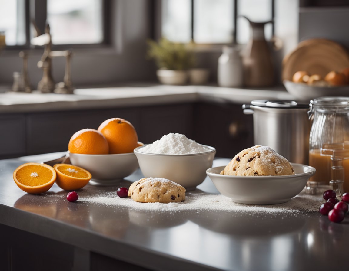 A kitchen counter with a mixing bowl, flour, sugar, cranberries, and oranges. A rolling pin and scone cutter sit nearby