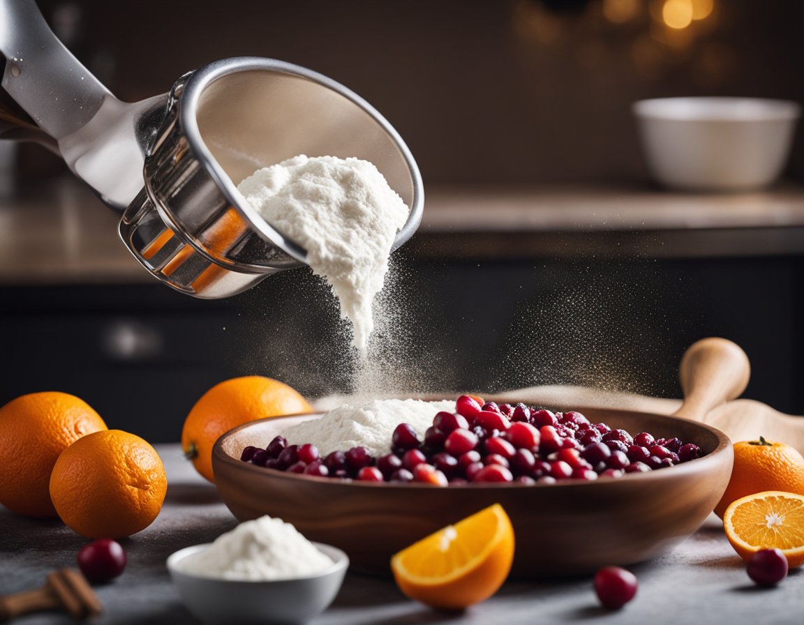 A mixing bowl filled with flour, sugar, and cranberries. A hand grates orange zest into the bowl. Another hand pours cream into the mixture