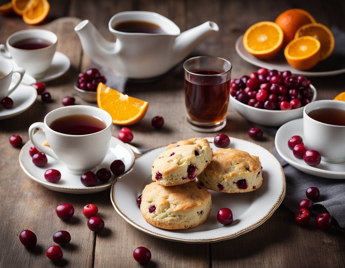 A wooden table with a plate of cranberry orange scones, surrounded by scattered cranberries and orange slices. A cup of tea sits beside the plate