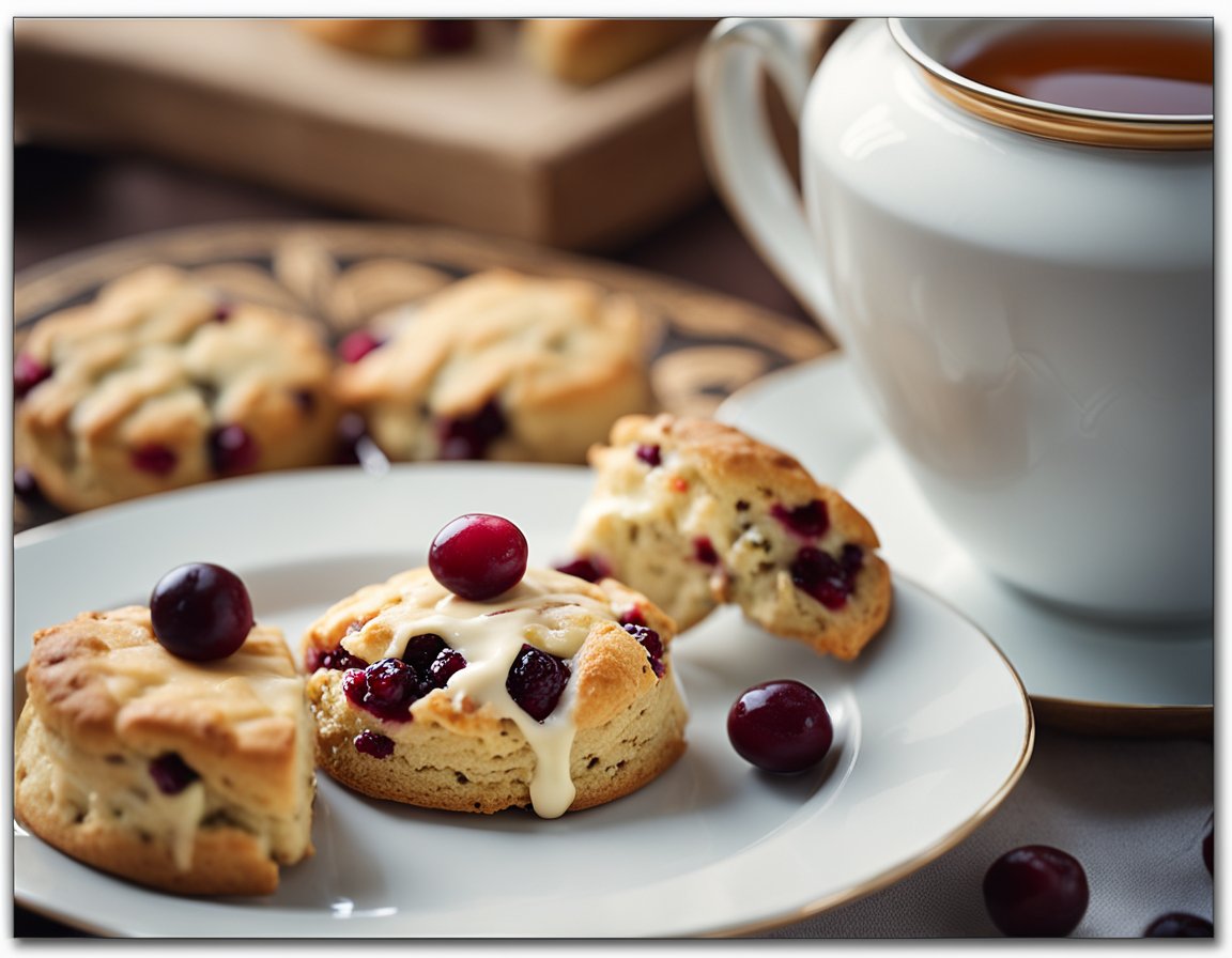 A platter of cranberry orange scones with a side of clotted cream and a pot of hot tea