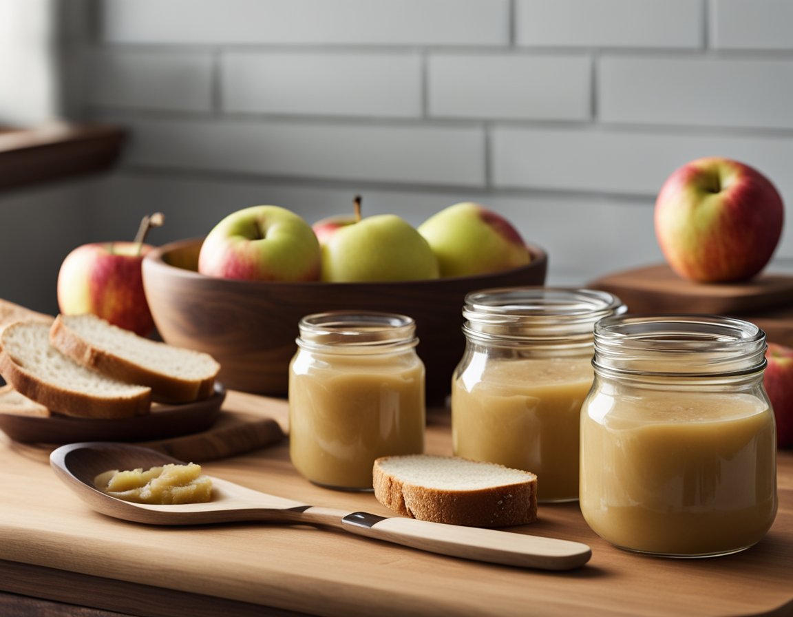 A bowl of apples, a jar of applesauce, and a loaf of bread on a wooden cutting board