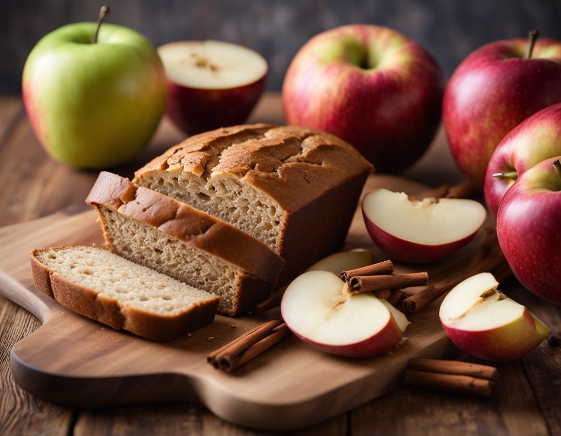 A loaf of applesauce bread sits on a rustic wooden cutting board, with a few scattered apple slices and cinnamon sticks nearby. The bread is sliced, revealing the moist, tender crumb inside