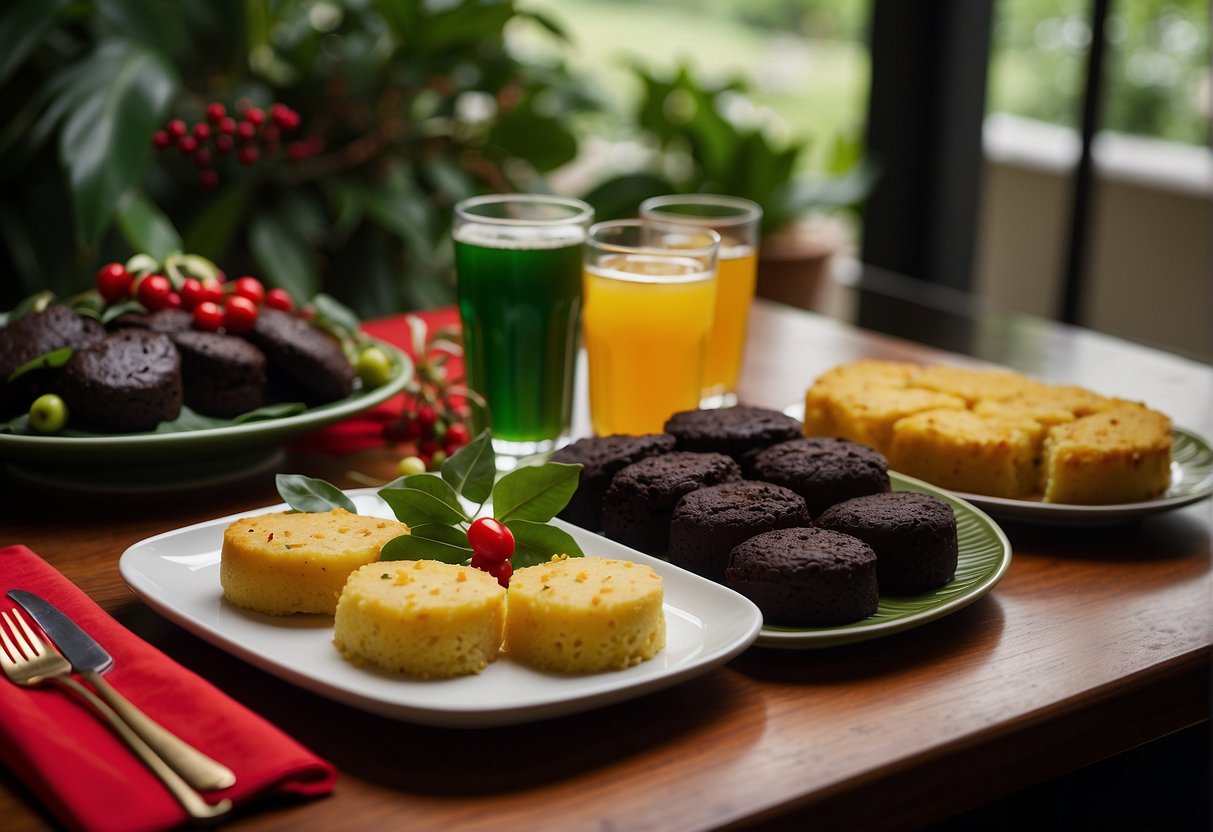 A table spread with traditional Trinidadian Christmas dishes - pastelles, black cake, sorrel drink, and ginger beer. Decorated with vibrant red and green accents