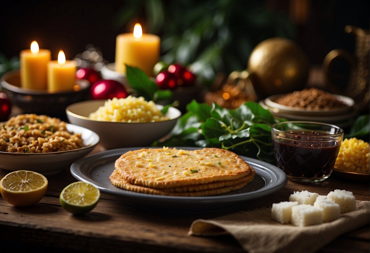 A table adorned with traditional Trinidadian Christmas dishes, including pastelles, sorrel drink, and black cake, symbolizing the cultural significance of these recipes