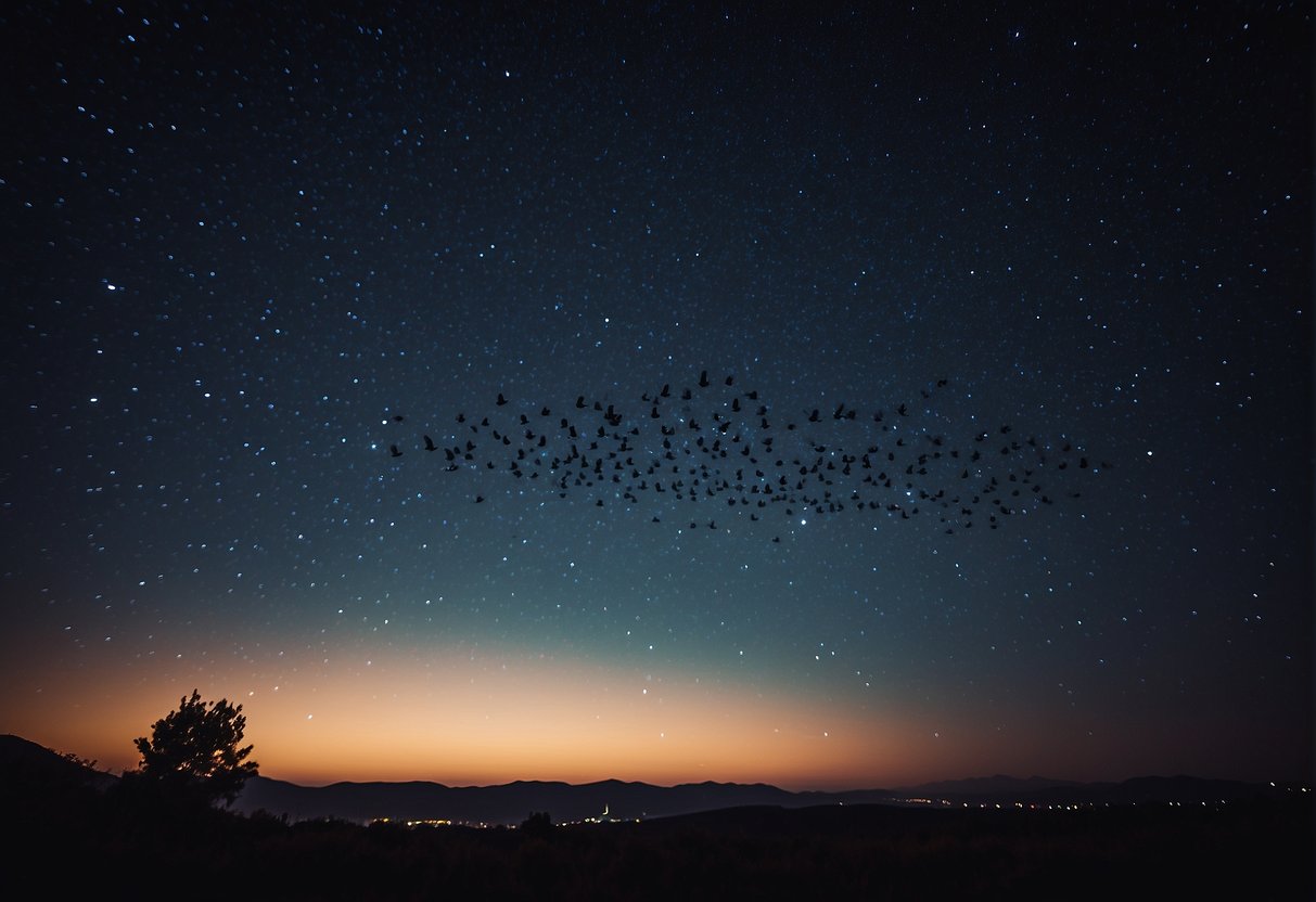 Birds soar through a starry sky, their feathers shimmering in the moonlight. A sense of freedom and tranquility fills the air as the birds gracefully dance and glide through the night