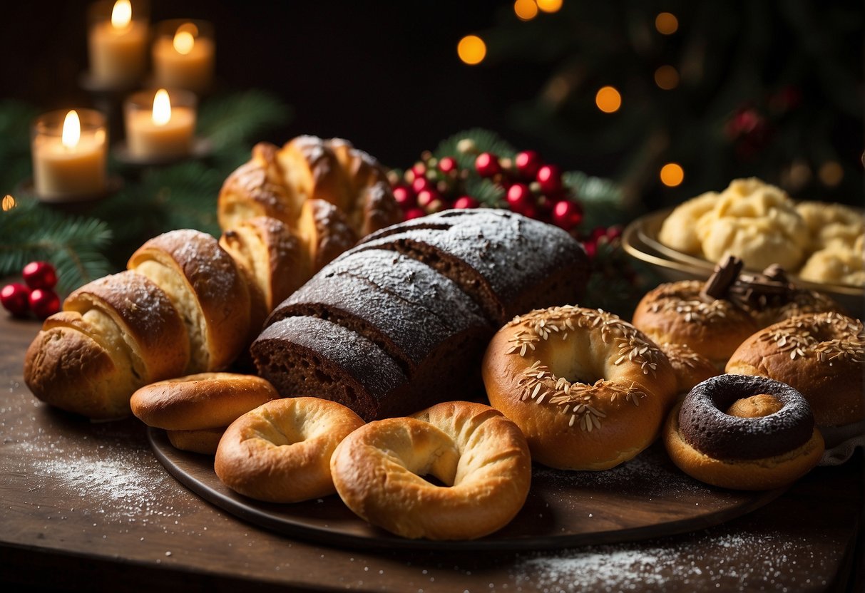 A table displays a variety of Trinidadian Christmas pastries and breads, including currant rolls, black cake, and coconut sweetbread