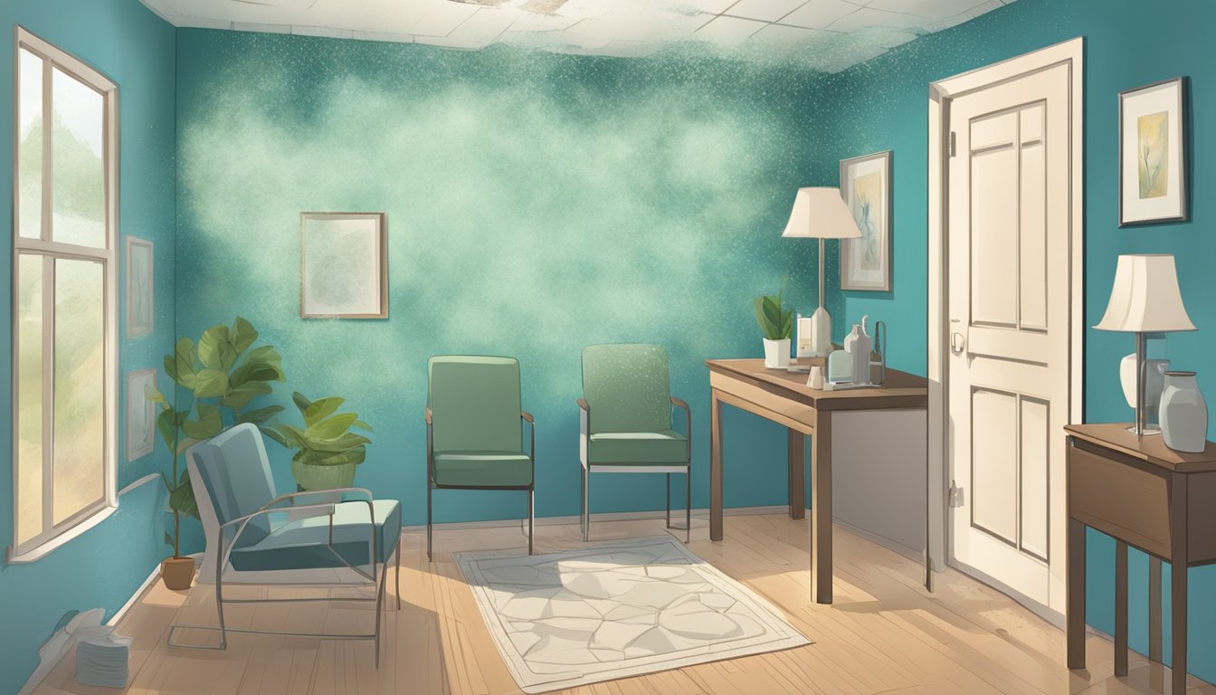 A room with visible mold growth on walls and ceiling. Nasal congestion, itchy eyes, and coughing are evident in individuals present. Allergy medication and dehumidifier are present for treatment