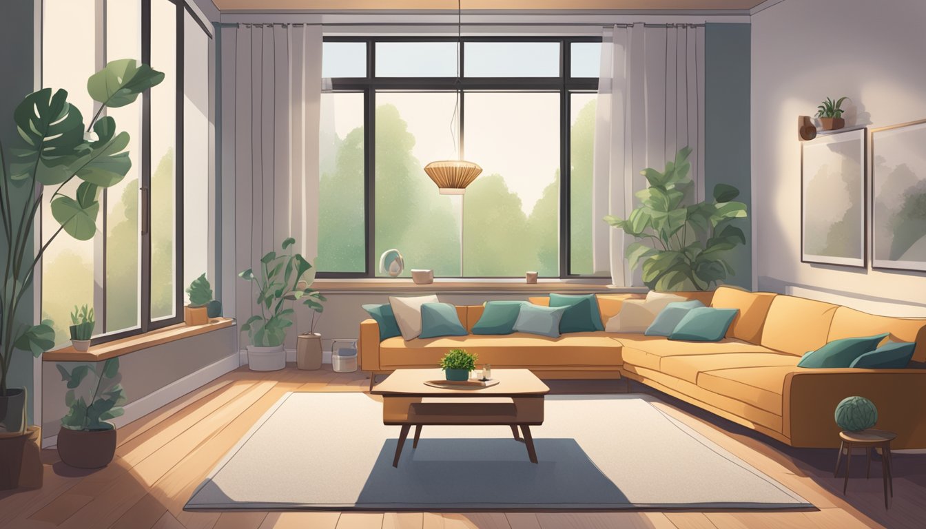 A cozy living room with a visible mold spore floating in the air, causing discomfort. Windows are open, and an air purifier is running in the corner