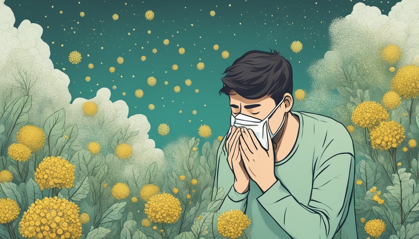 A person sneezing and rubbing their itchy eyes surrounded by moldy and pollen-filled environments