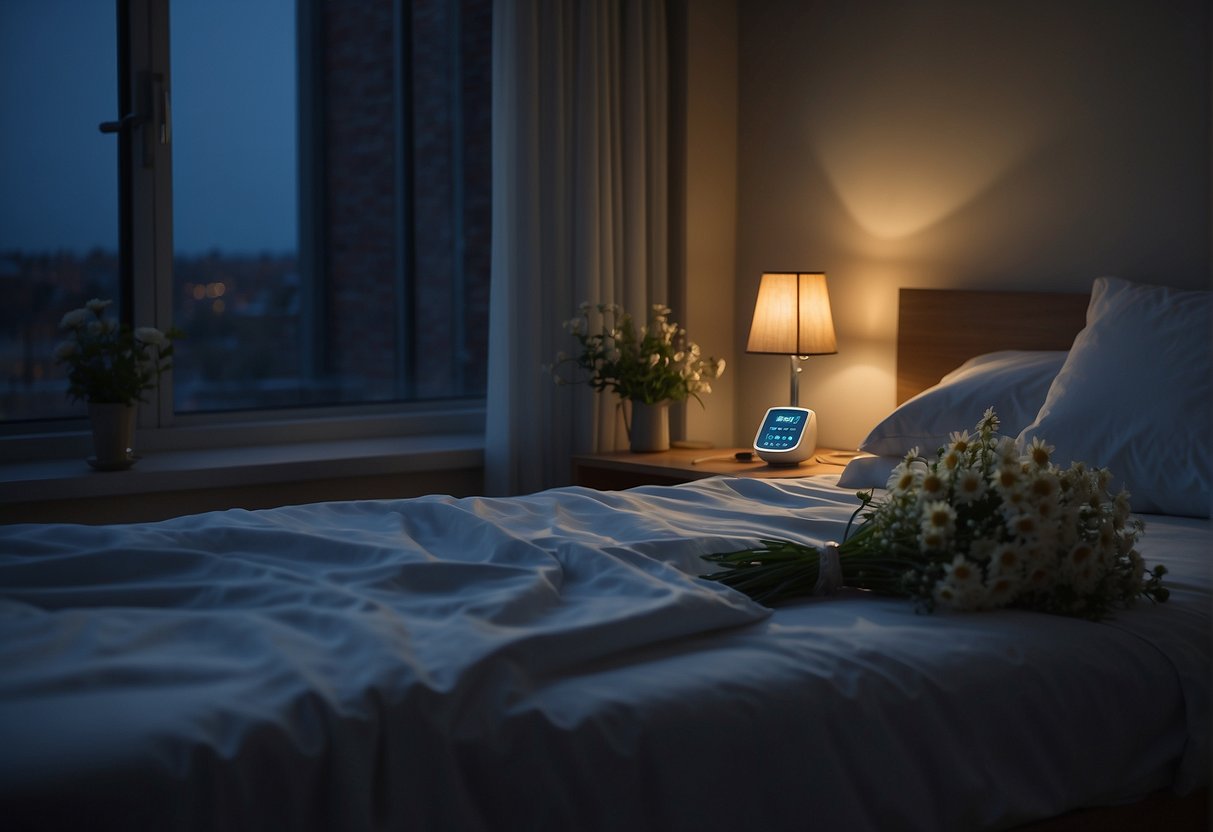 A hospital room at night, with moonlight streaming through the window onto an empty bed, a vase of wilting flowers, and a flickering heart rate monitor