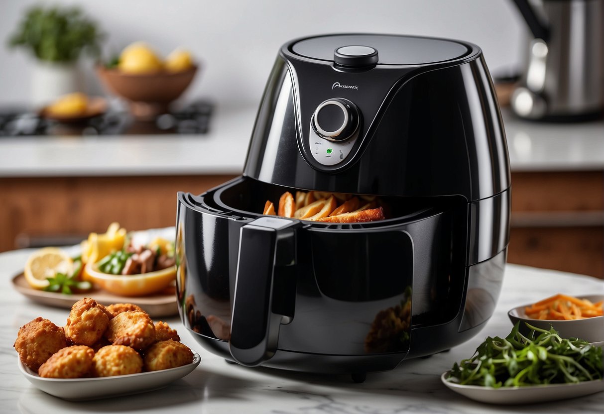 An air fryer with an open tray showing various plate materials inside, with a question mark above it
