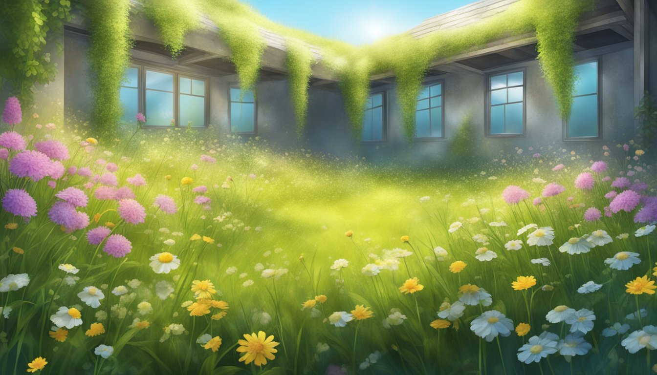A sunny, pollen-filled meadow with blooming flowers and grass. A damp, moldy basement with visible mold growth on walls and ceilings
