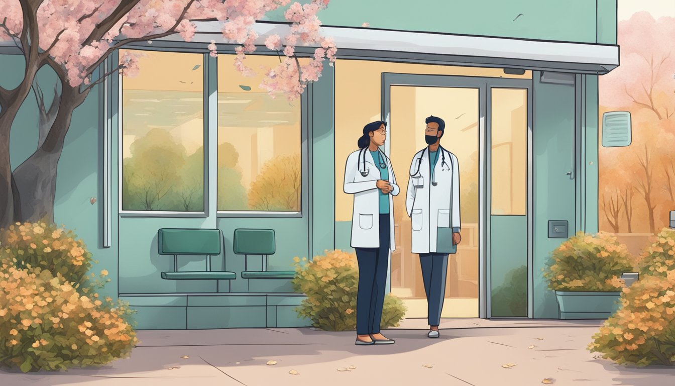 A person stands in front of a doctor's office, surrounded by blooming trees and moldy leaves. A clear distinction is made between the two types of allergies
