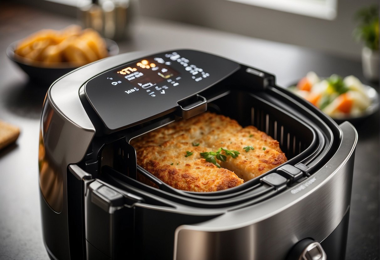 A plate is placed inside an air fryer, maximizing cooking efficiency