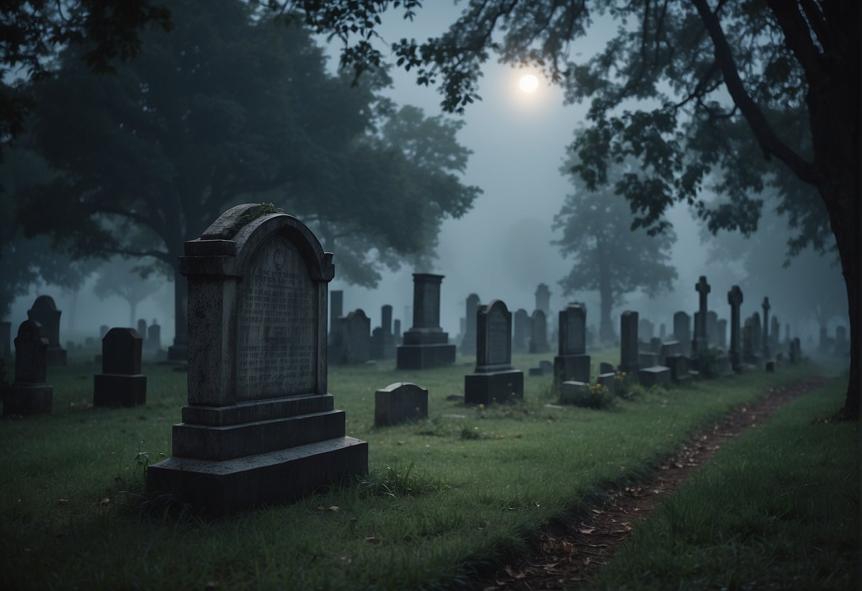 Moonlit cemetery with weathered headstones and overgrown grass. Eerie mist hovers above the ground, casting a haunting atmosphere