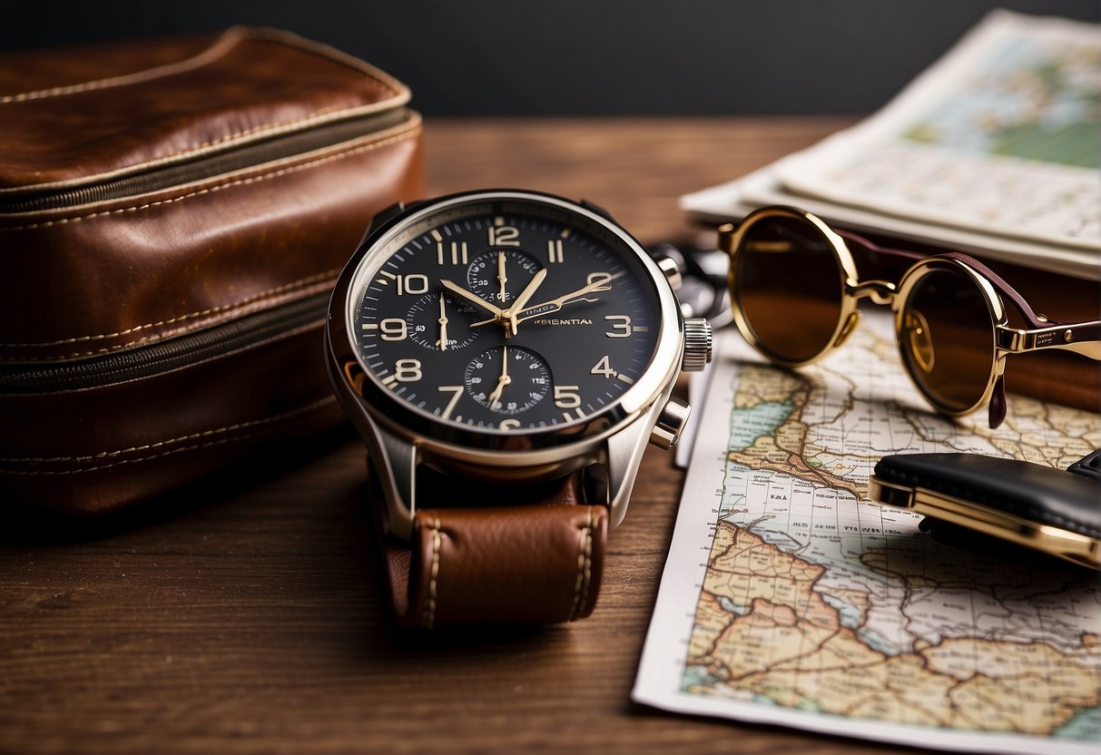 A stylish watch, passport holder, and travel journal lay on a sleek desk next to a leather duffle bag. A map and sunglasses complete the scene