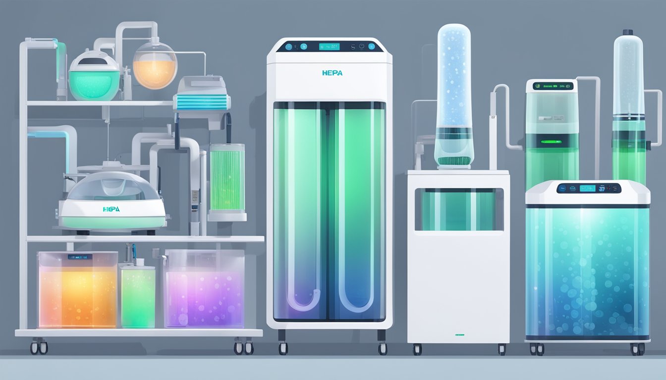 Various air purifiers in a lab setting, including HEPA and UV-C models, with mold spores and allergens being filtered out