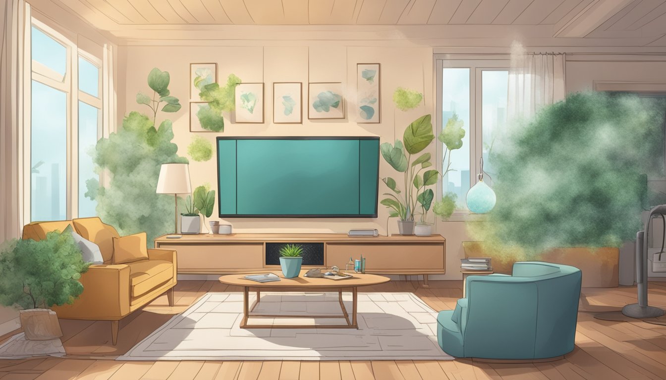 A living room with an air purifier running, surrounded by mold spores and allergens being filtered out of the air