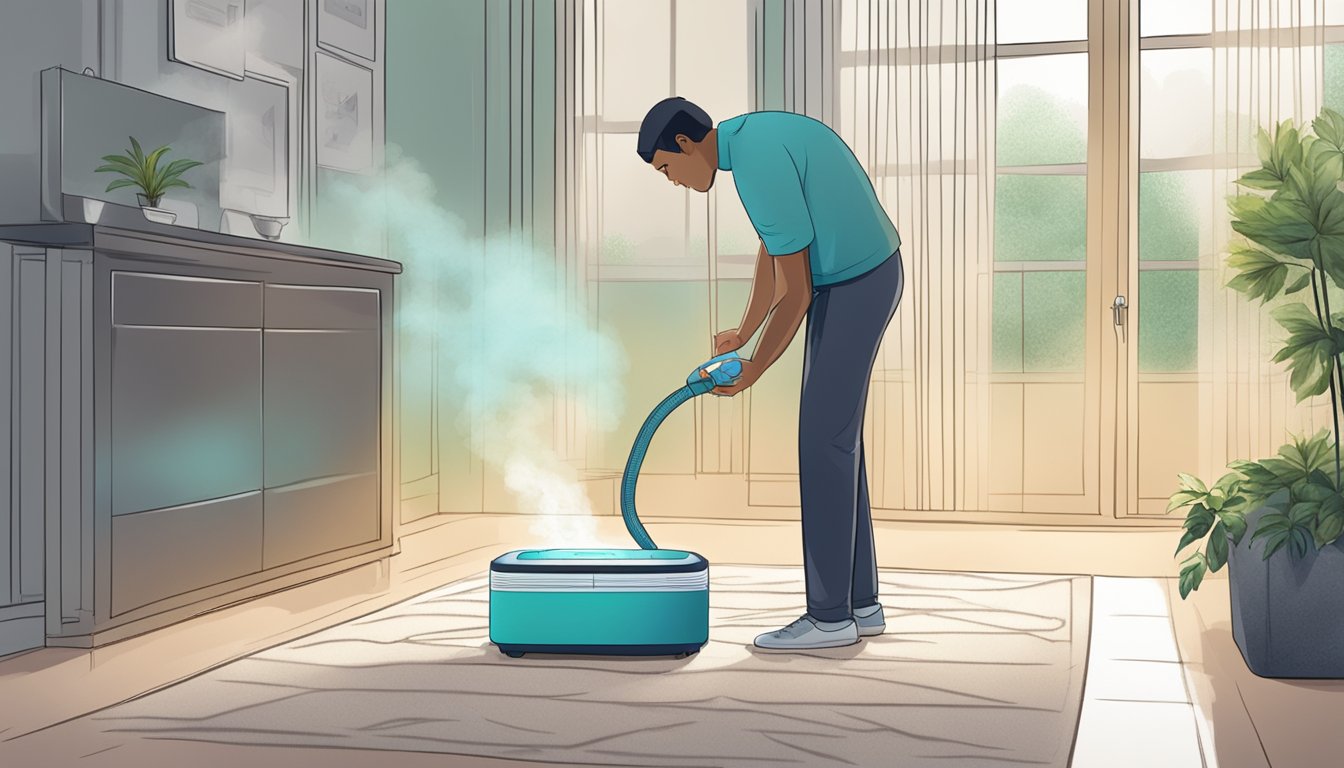A person using an air purifier near a moldy area, with a clear improvement in air quality and reduced allergy symptoms