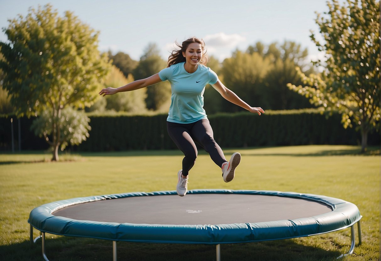 A person jumping on a trampoline, surrounded by a garden with a clear blue sky. The trampoline is placed on a flat, grassy surface, and the person is wearing athletic clothing