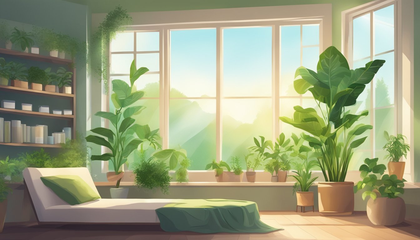 A serene room with green plants and essential oils diffusing, as sunlight filters through open windows. Mold-free environment with natural remedies on display