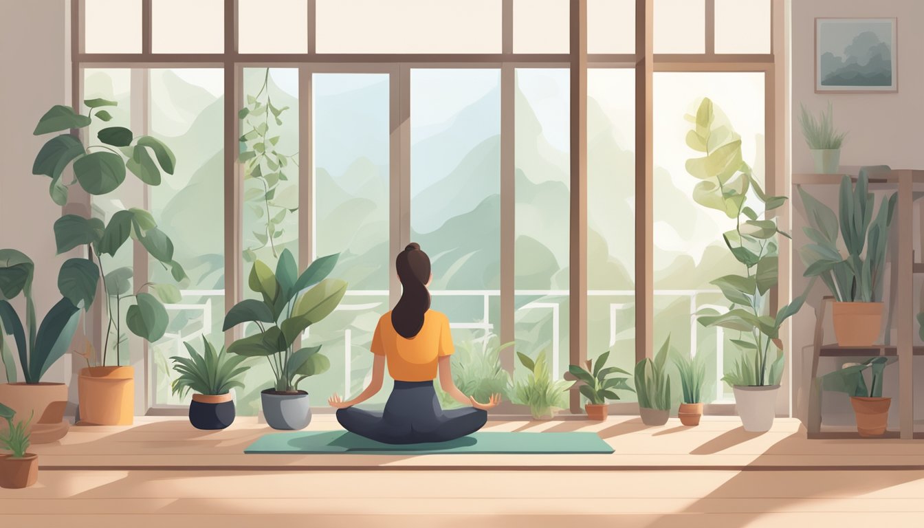 A serene, clutter-free home with open windows, plants, and natural air purifiers. A person practicing yoga or meditation to reduce stress