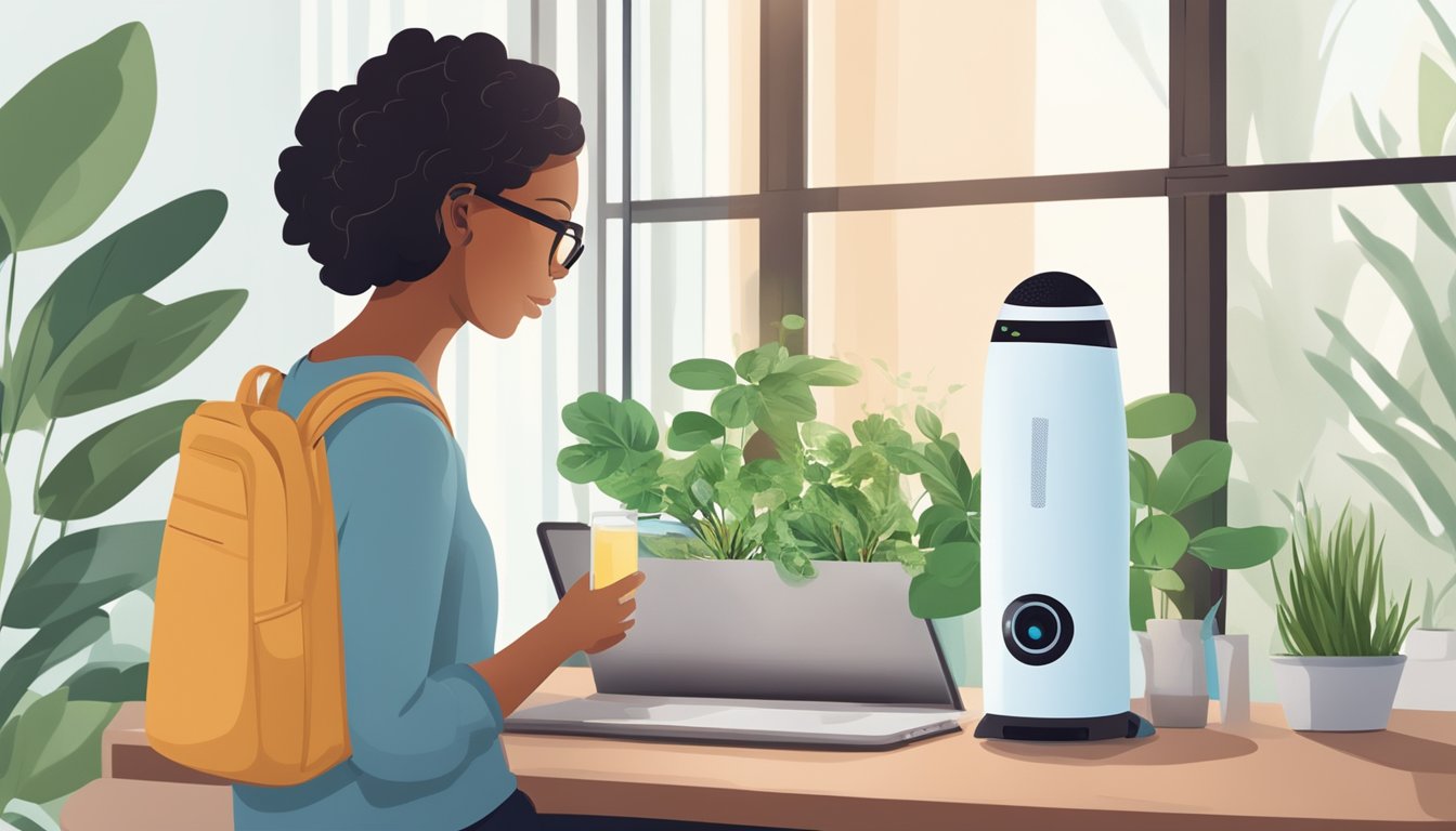 A person holding a bottle of essential oils and a plant-based air purifier, with a window open to let in fresh air, while researching mold allergy remedies online