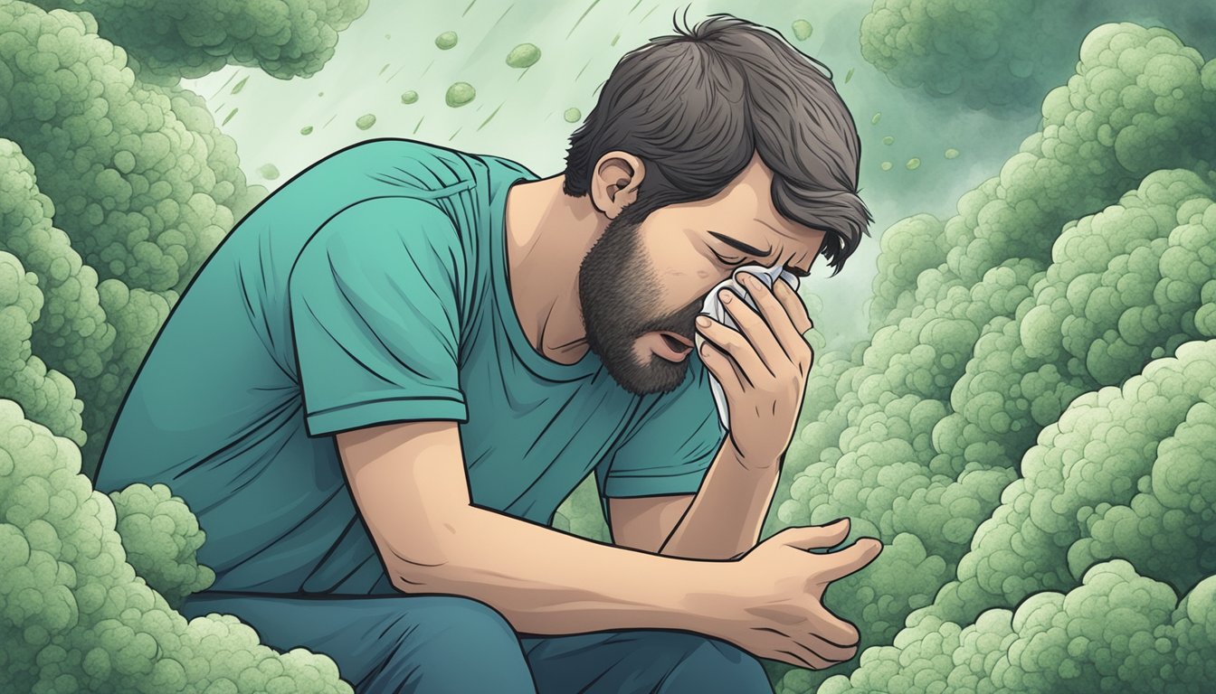 A person with a mold allergy experiencing symptoms like sneezing, coughing, and itchy eyes while surrounded by moldy environments