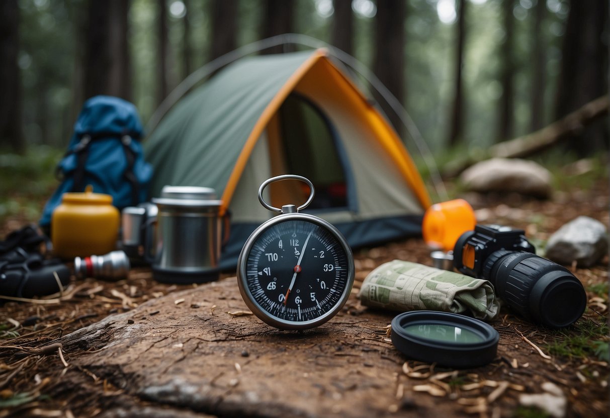 A campsite with a tent, backpack, hiking boots, and a campfire surrounded by adventure equipment like a compass, map, and binoculars