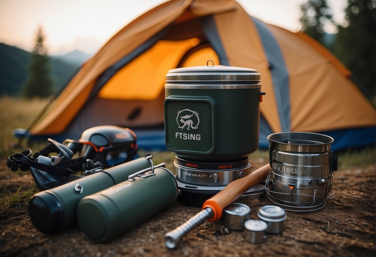 A campfire surrounded by personalized camping gear, a cozy tent, and a fishing rod. The dad's name is embroidered on the gear, adding a personal touch to the camping experience