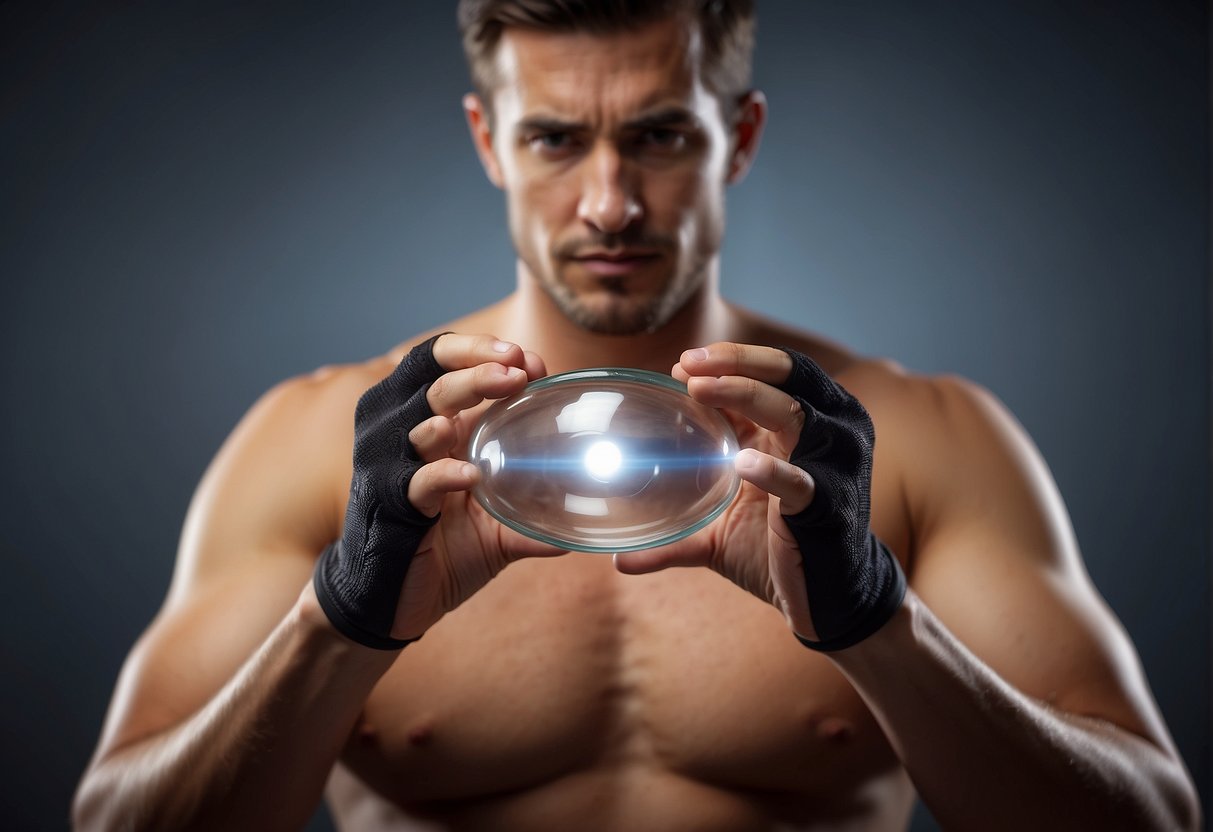 A person with a hernia doing light exercises, with a visible bulge in the affected area