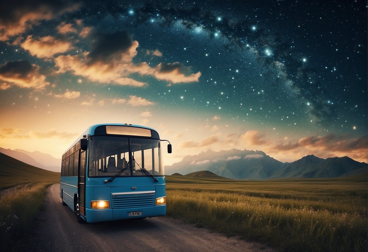 A bus floating in a surreal, dreamlike landscape, surrounded by clouds and stars, with a sense of peacefulness and wonder