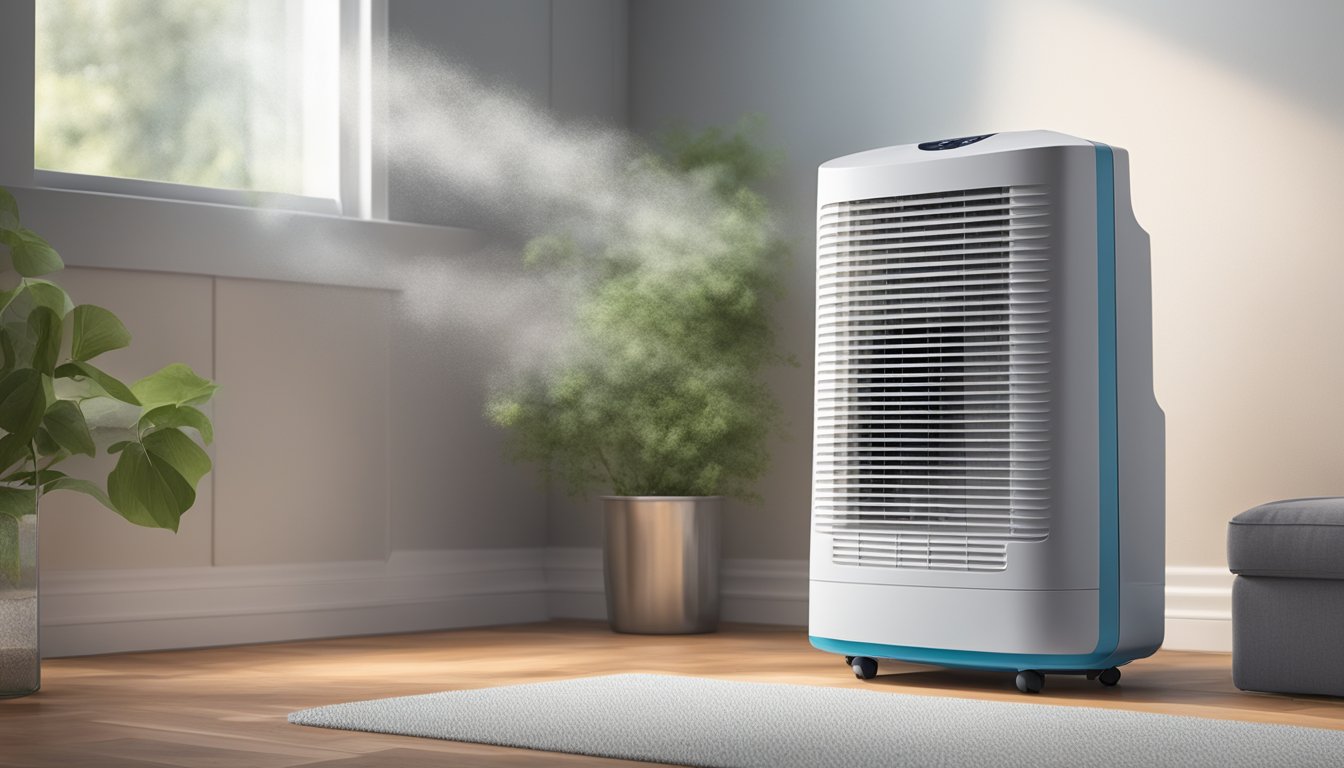A dehumidifier sits in a corner, reducing moisture levels. Mold spores float in the air, causing allergic reactions. The connection between humidity and mold allergies is evident