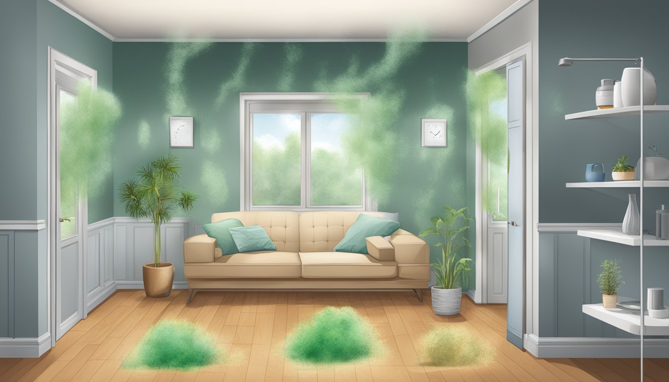 A room with varying humidity levels, showing mold growth on different surfaces. Allergy symptoms present in a person near the mold