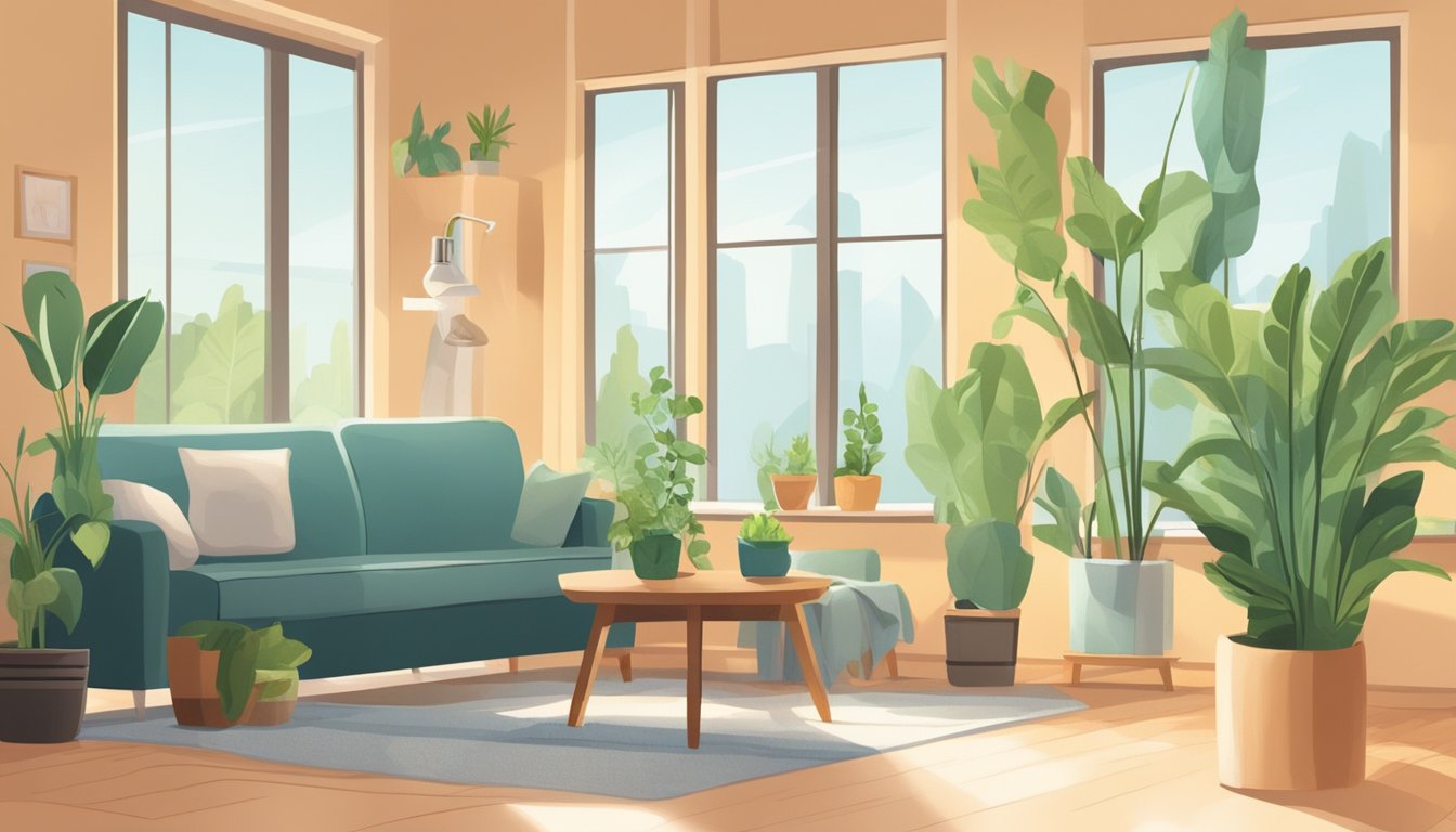 A cozy living room with a humidifier and dehumidifier, plants, and mold-resistant furniture. Sunlight filters through the windows, creating a warm and inviting atmosphere