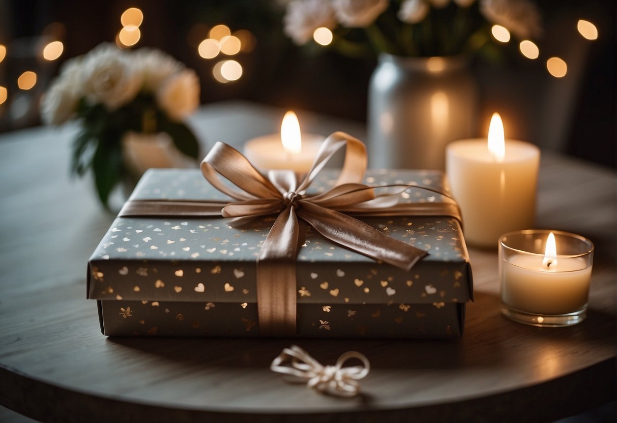 A beautifully wrapped gift sits on a table, surrounded by flowers and a handwritten note. The room is filled with soft, warm lighting, creating a cozy and intimate atmosphere