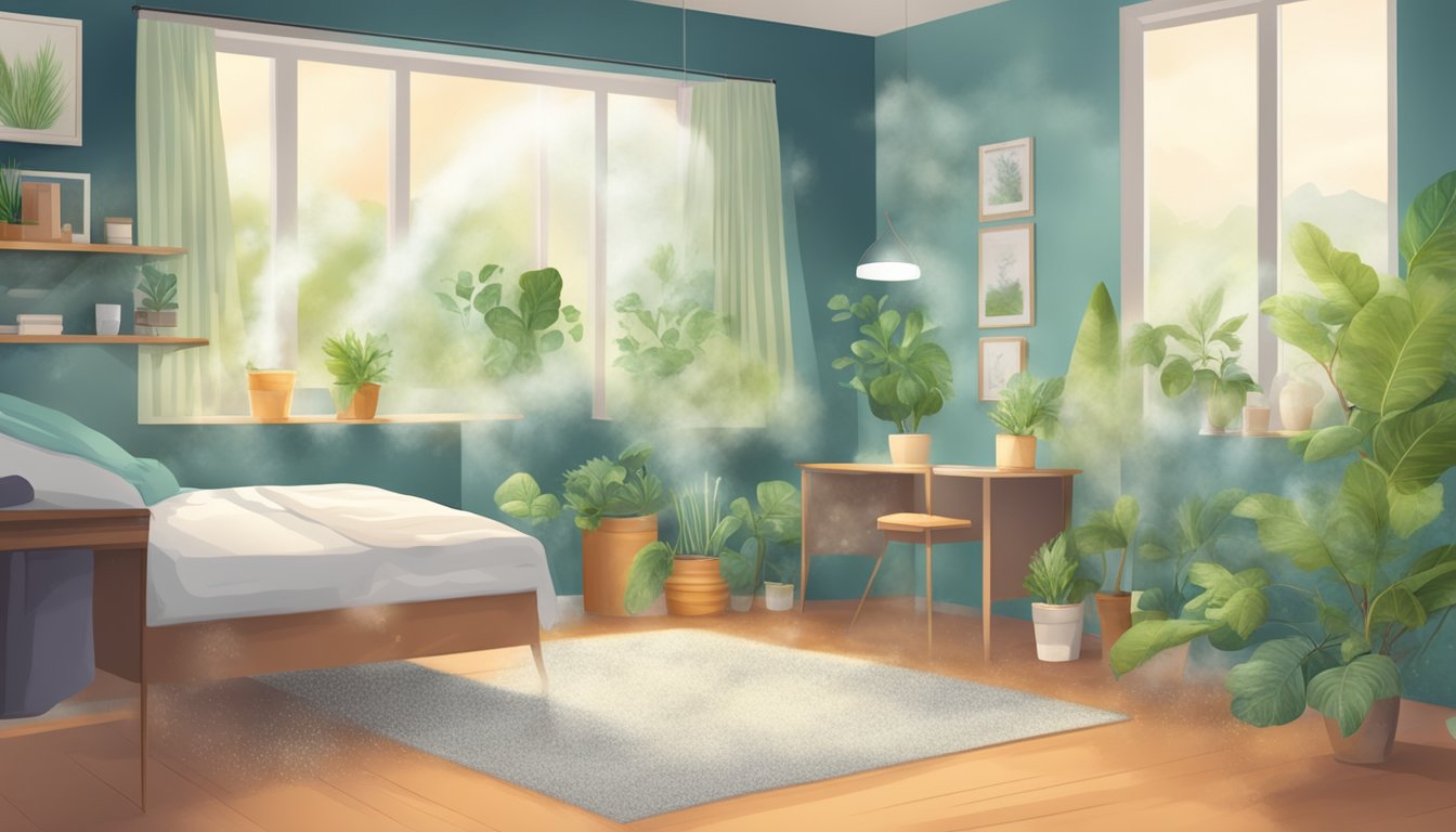 A room with high humidity, mold spores in the air, and allergy symptoms such as sneezing and itchy eyes