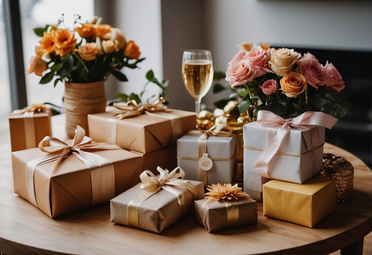 A table adorned with gift bags, flowers, and neatly wrapped presents for a girlfriends' weekend. Logistic items like travel tickets and itineraries are neatly arranged alongside the gifts