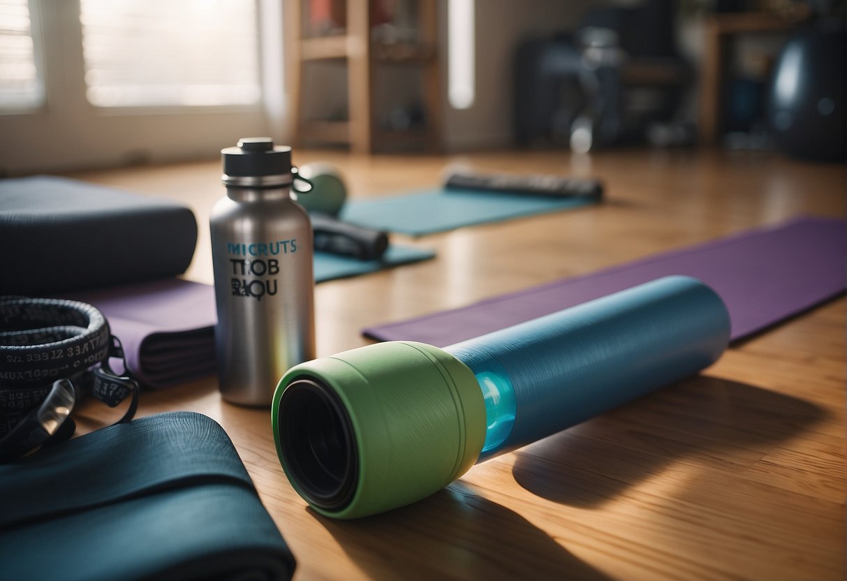 A person doing 100 crunches on a yoga mat with a water bottle nearby, surrounded by workout equipment and motivational posters