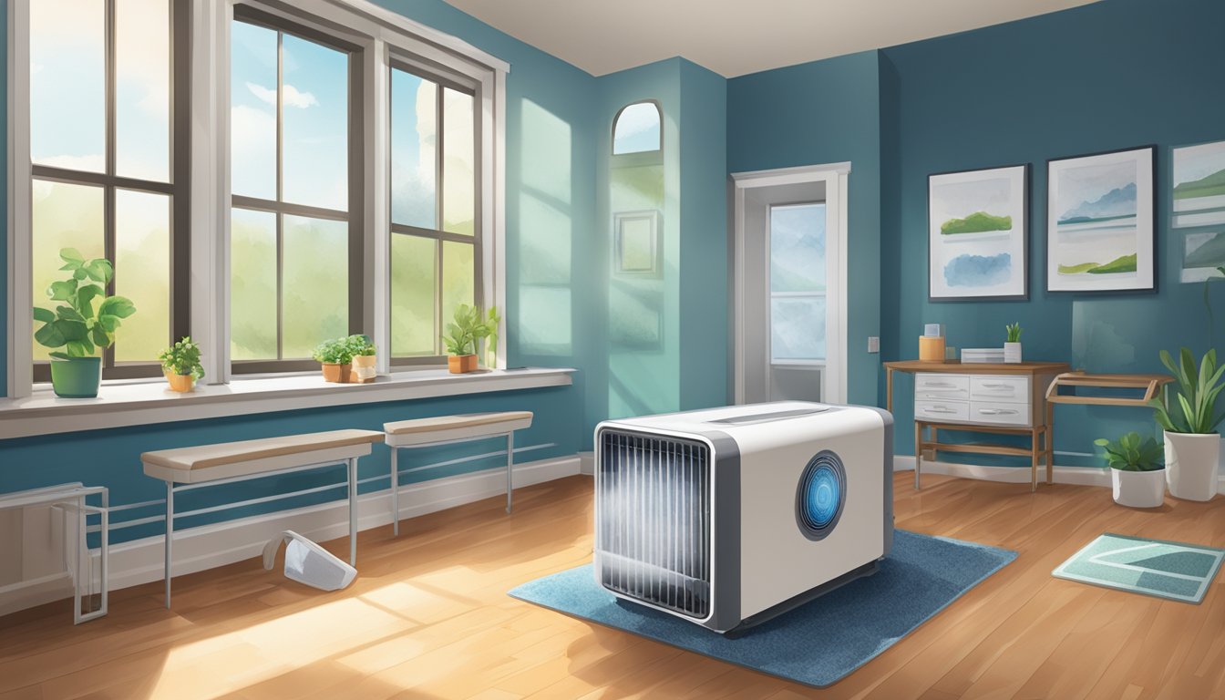 A room with a dehumidifier and air purifier, mold testing kit on a table, windows open for ventilation, and mold-resistant paint on the walls