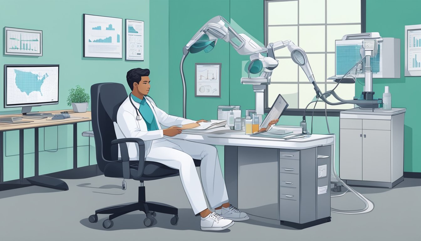 A person sitting in a doctor's office, surrounded by medical equipment and charts, discussing mold allergy testing with a healthcare professional