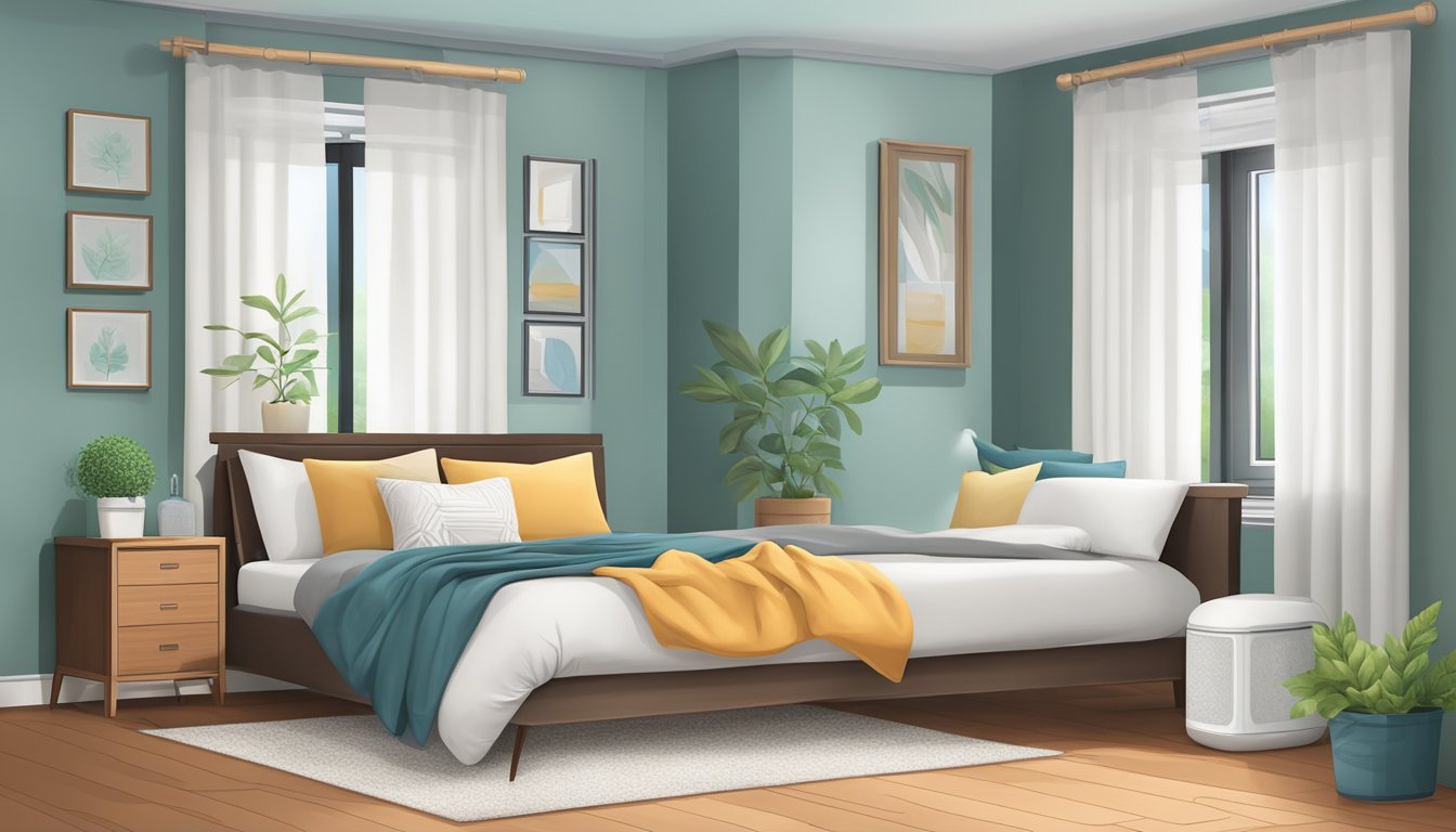 A bedroom with hypoallergenic bedding, air purifier, and dehumidifier. No visible mold or mildew. Clean, clutter-free space with hardwood floors and washable curtains