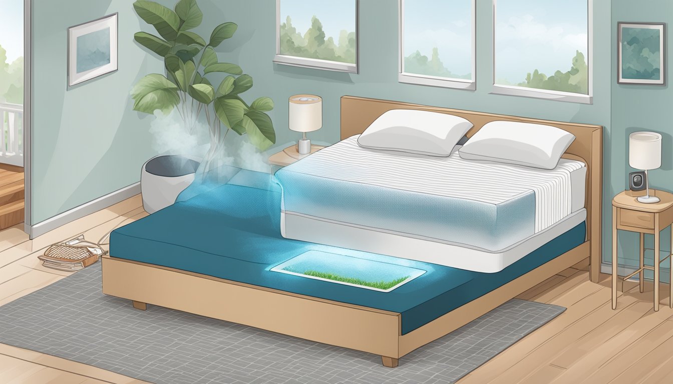 A dehumidifier regulates moisture. A thermometer displays 68°F. An air purifier filters allergens. A hypoallergenic mattress cover encases the bed