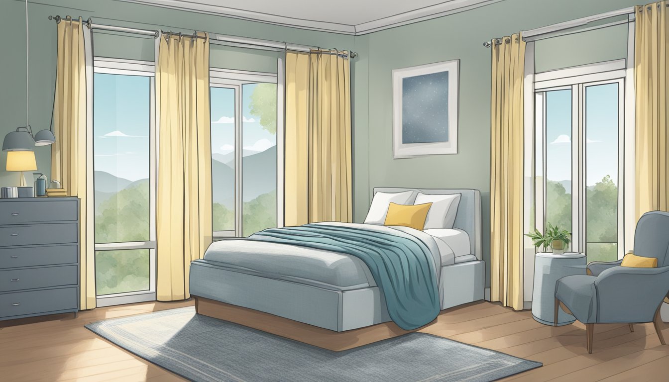 A bedroom with an air purifier, hypoallergenic bedding, and dehumidifier to prevent mold growth. Curtains are drawn to block outdoor allergens
