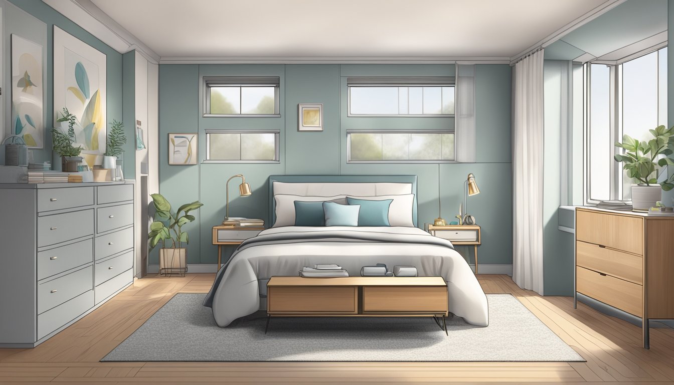 A clutter-free bedroom with sealed storage, hypoallergenic bedding, and air purifier. No visible mold or dust
