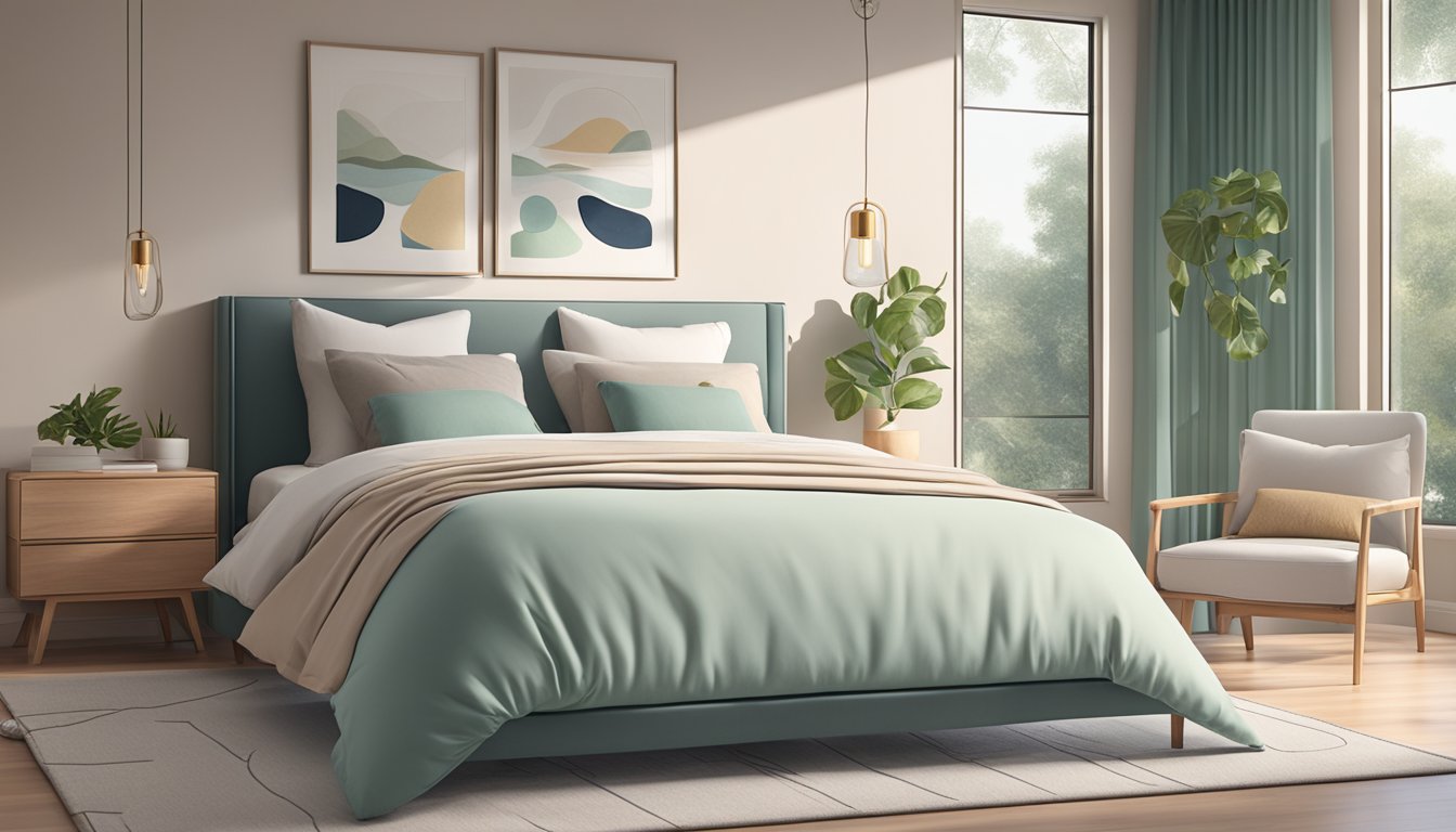 A serene bedroom with hypoallergenic bedding, air purifier, and minimal decor. Soft lighting and soothing colors promote relaxation