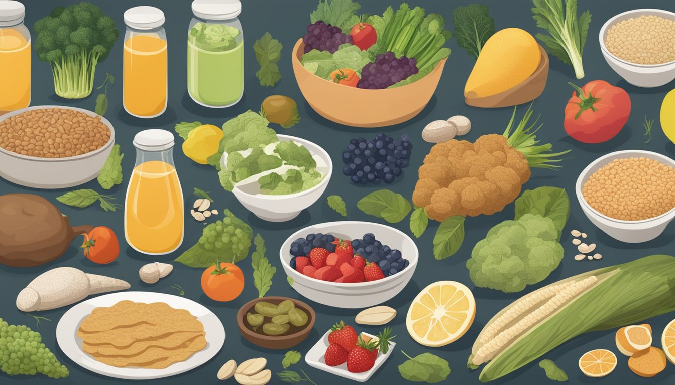 A table with a variety of foods, including fruits, vegetables, and whole grains. Some foods are labeled as "avoid" for mold allergies